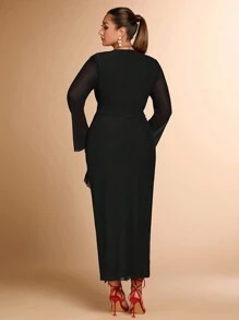 SHEIN BAE Vestido de manga larga de malla ajustado con cuello redondo, color rojo sólido, diseño de volantes multicapa, adecuado para fiestas de cócteles, citas románticas, vestido de punto de otoño e invierno, fiesta, evento formal, boda, dama de honor, cena, Halloween, Navidad, tallas grandes