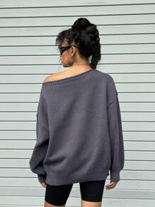 INAWLY Women Plain Asymmetric Collar Casual Versatile Long Sleeve Sweater Knit Pullover Fall Winter - Dark Grey - View 2
