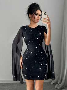 Chiquease Women Rhinestone Glitter Party Banquet Pearl Decor Round Neck Chiffon Slit Maxi Bodycon Dress With Puff Sleeves