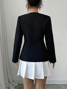 Chiquease 2pcs/Set Black Blazer And White Pleated Skirt - Black - View 2