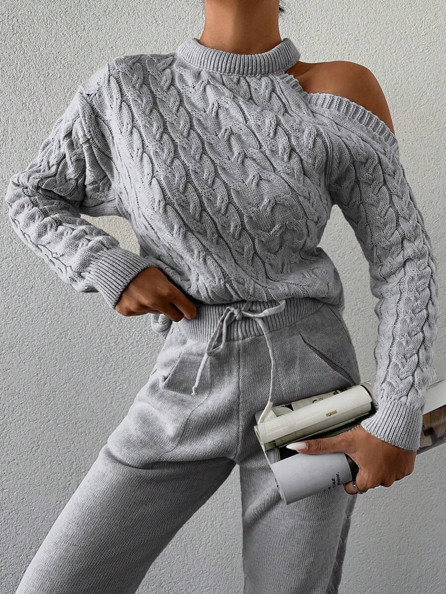 EURMUSE Ladies' Cold-Shoulder Long-Sleeve Sweater And Sweater Pants Two Piece Set - Light Grey - View 1