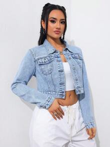 SHEIN Tall Casual Washed Distressed Short-Cut Denim Bomber Jacket - Light Wash - View 5