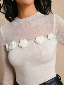 Poéselle Lightweight Sheer Mock Layer Knit Sweater Top, Elegant & Sexy For Women, Autumn/Winter - Beige - View 7