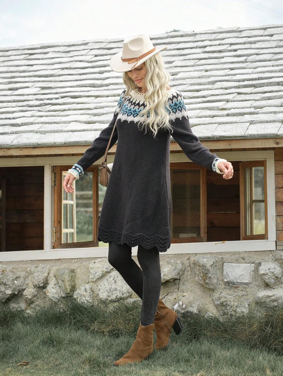 LanaWest Women's Fairisle Jacquard Geometric Pattern Long Sleeve Sweater Dress - Black - View 1