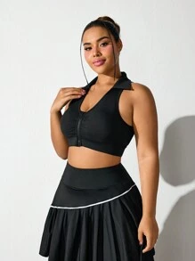 Easithlete Sutiã esportivo plus size com zíper frontal franzido e decote polo - Preto - Ver 5