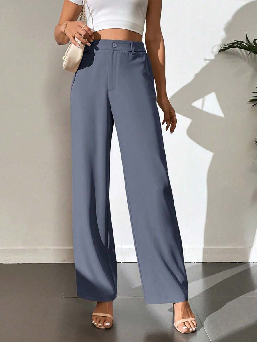 SHEIN Tall Quần ống đứng túi màu trơn đơn giản cho nữ - Màu xanh bụi bặm - Xem 1