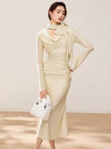 EastFlair Women's Solid Color Long Sleeve Pleated Simple Casual Dress