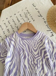 SHEIN LMoss Kids LMoss 女婴夏季可爱针织紫色斑马条纹短袖 T 恤和松紧腰裤两件套服装