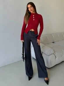 Aloruh Women's Autumn And Winter Sweaters, Elegant Business Commuting, Casual And Simple Inner Sweaters, Burgundy Knitted Tops, Solid Color Turtleneck Sweaters, Warm Christmas Red Sweaters,Angola Red Hollow-Out Open Slit Fitted Long Sleeve Sweater New Years Women Tops