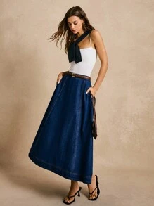 Poéselle 女士牛仔A字长裙，带口袋，牛仔风休闲通勤裙，波西米亚风女士牛仔裙，深蓝色百搭牛仔裙，女士服装，宽松女士牛仔裙，冬季女士服装，轻松时尚必备单品。 - 深色水洗藍 - 查看 5