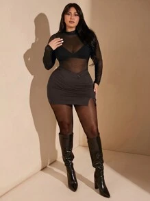 SHEIN BAE 大码女式纯色侧开叉下摆休闲黑色迷你裙适合日常约会、黑色裙子、迷你裙、曲线裙、直筒裙、休闲、性感、夜店、圣诞节、感恩节、派对、新年、优雅、性感、Y2k - 咖啡棕 - 查看 5
