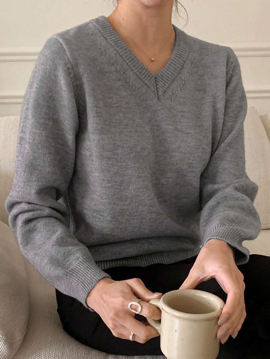DAZY Suéter holgado de unicolor con cuello en V para mujer, tops de manga larga para otoño - Gris - Ver 1