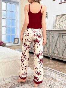 CottageSlumber Conjunto de pijama con camiseta de tirantes de cuello en V de unicolor y pantalones de estar por casa estampados