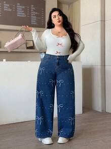 SHEIN EZwear Jeans holgados de tallas grandes para mujer con decoración de moño y bolsillos