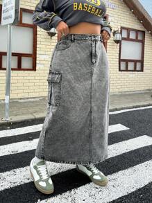 SHEIN ICON 大码水洗灰色牛仔裙，带多个口袋和后开衩下摆 - 淺灰色 - 查看 3