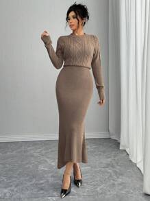 Rafferiza 秋冬季时尚修身圆领长袖保暖麻花针织美人鱼下摆棕色毛衣女连衣裙