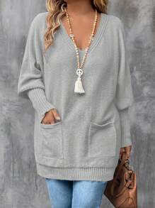 Plus Size Solid V-Neck Long Sleeve Pocket Casual Pullover Sweater, For Winter Knit Pullover Fall - Light Grey - View 4
