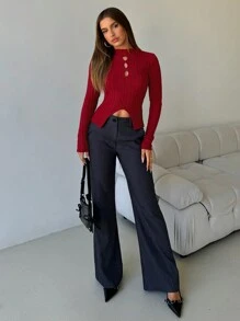 Aloruh Women's Autumn And Winter Sweaters, Elegant Business Commuting, Casual And Simple Inner Sweaters, Burgundy Knitted Tops, Solid Color Turtleneck Sweaters, Warm Christmas Red Sweaters,Angola Red Hollow-Out Open Slit Fitted Long Sleeve Sweater New Years Women Tops