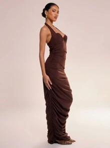 MUSERA 露背钢圈修身中长连衣裙，优雅春夏度假派对必备单品，适合春夏度假派对 - 棕色 - 查看 2