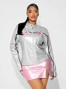 SHEIN SXY Bow Decor Minimalist Fashion Casual Lightweight Zipper Jacket,Leather Women Jacket,Winter Coat,Winter Women Coat,Winter Jacket,Pink