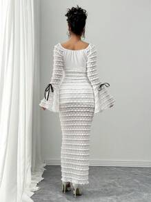 Calvaya Romantic Elegant Sexy Lace Splice Flare Sleeve Slim Fit Long Dress Maxi Women Outfit