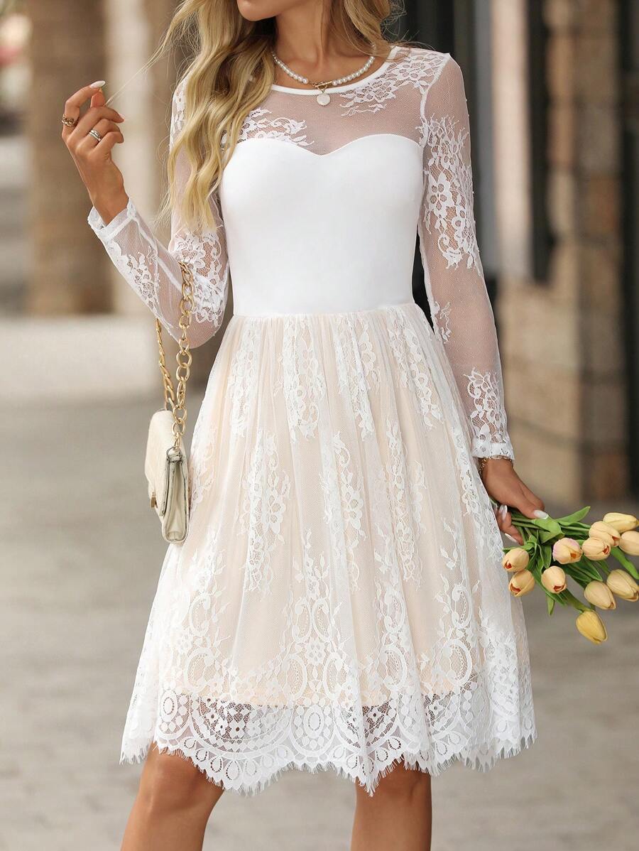 SHEIN Clasi Elegant Women's Lace Panel Round Neck Long Sleeve Mini Dress