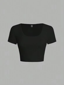 SHEIN EZwear Damska, swobodna, jednokolorowa, kwadratowa, obcisła koszulka z krótkim rękawem i kwadratowym dekoltem