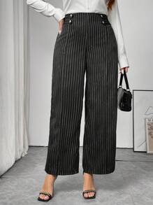 SHEIN Frenchy Pantaloni casual larghi con vita a fascia e righe, taglia comoda per donne in taglie forti - Multicolore - Visualizzare 2