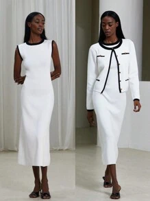 Aveloria Modichic 2 pièces : Cardigan tricoté à col rond avec bande bicolore noire et blanche au design H, et robe pull minimaliste pour femmes. Style élégant inspiré du français