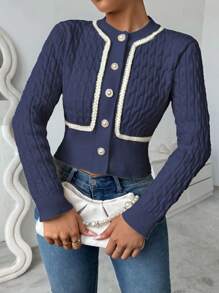 Chiquease Twist Cable Knit Trim Cropped Cardigan - Navy Blue - View 1