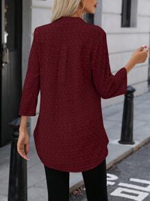 EMERY ROSE Women Casual All-Over Print Notched Neck Roll Up Long Sleeve Blouse, Autumn - Burgundy - View 2
