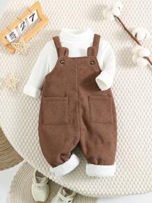 SHEIN Leap Crew 2pcs/Set Baby Boy/Girl Casual Adorable Mock Neck Top + Solid Color Overall Pants With 3D Ears Design - Brown - View 1