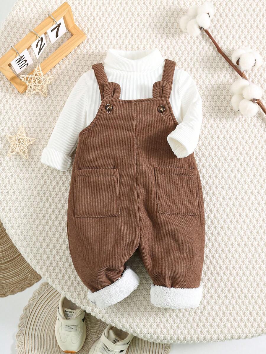 SHEIN Leap Crew 2pcs/Set Baby Boy/Girl Casual Adorable Mock Neck Top + Solid Color Overall Pants With 3D Ears Design - Brown - View 1