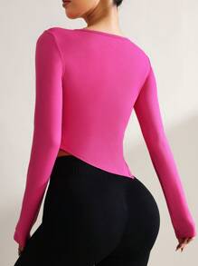 SHEIN Women's Solid Color Round Neck Long Sleeve Fitted Daily Fitness Workout T-Shirt - Hot Pink - View 2