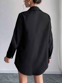 Chiquease 女装派对性感休闲通勤亮片拼布拼接前扣木扣口袋长袖休闲宽松新品春夏秋冬四季可穿衬衫 - 黑色 - 查看 2