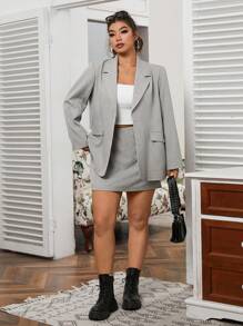SHEIN EZwear Plus Size Early Autumn Blazer Jacket And Mini Skirt Set - Grey - View 3