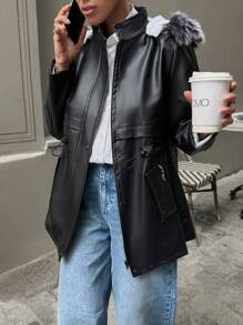 EURMUSE WAIST TIED-UP FUR INSIDE & HOODED ZIPPER POCKET PU LEATHER COAT - Black - View 5