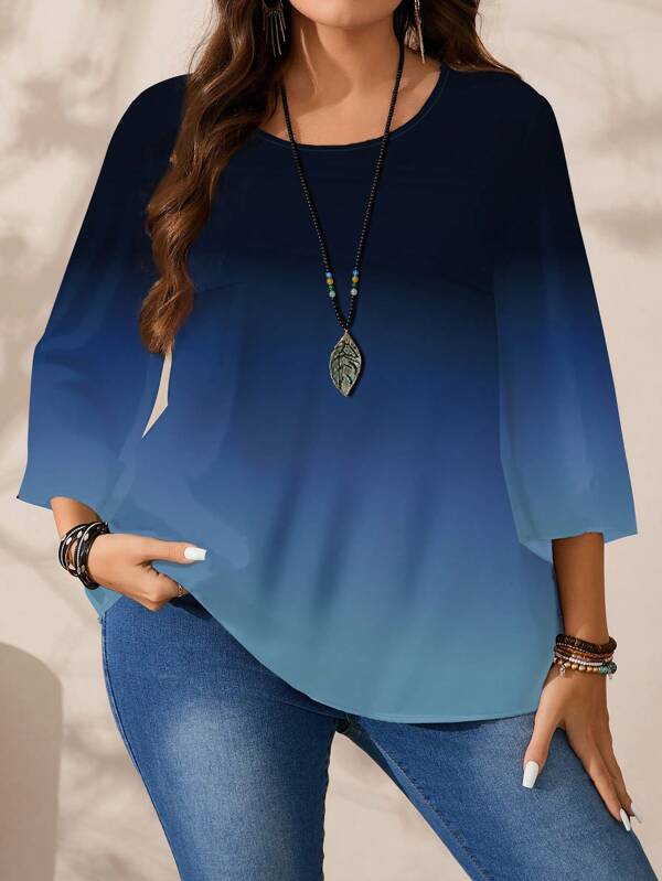 EMERY ROSE Plus Size Women's Casual Full Print Relaxed Fit Round Neck 3/4 Sleeve Blouse, Autumn/Winter Chic Blouses For Women