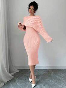 Chiquease 2 件套：新款圆领扭花毛衣和修身针织连衣裙（女款）