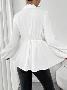 SHEIN Clasi Women's Fashion Regular Shoulder Round Neck White Contrast Lace Waist Long Sleeve Blouse, Autumn/Winter Peplum Top Fall Cloth For Women
