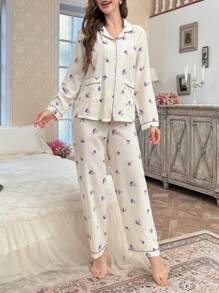 CottageSlumber Bubble Wrinkle Floral Print Lapel Top With Pockets & Long Pants Pajama Set Holiday Season, Bountiful Floral Splendor, Fall Winter Clothes Cozy And Elegant Details - Purple - View 3