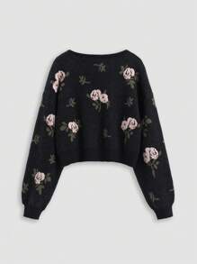Sweetra Romantic Vintage Rose Inlaid Flower Lace-Up Cropped Cardigan, Slimming Design - Black - View 2