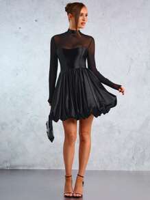 SHEIN SXY 新年优雅性感夜店必备情人节ICON黑色缎面撞色网眼高弹长袖泡泡下摆迷你连衣裙 - 黑色 - 查看 6