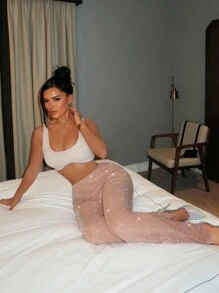 SHEIN SXY Women's Solid Sequined Flare Stylish Elegant Pants,New Years Women Dress,Sequin,Party Women Dresses,Christmas Party Women Dress,New Year Eve Dress,New Years Outfit,