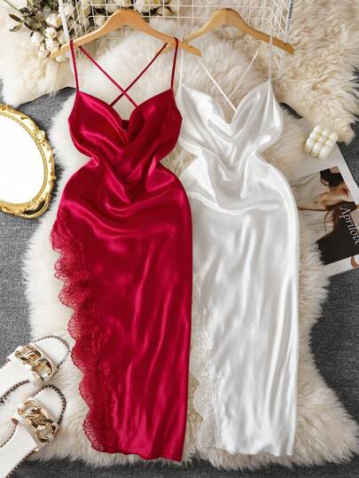 2pcs/Set Women Sexy Lace Patchwork Slit Maxi Nightgown