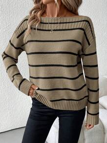 SHEIN Clasi Women Plus Size Casual Striped Asymmetric Neck Drop Shoulder Long Sleeve Knit Sweater, Autumn/Winter