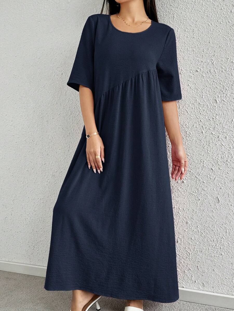 Mulvari Gaun Kasual Minimalis Warna Polos untuk Wanita, Pakaian Sehari-hari - Navy Blue - View 1