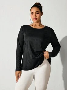 Easithlete 女士加大码简约运动黑色长袖 T 恤，休闲日常穿着 - 黑色 - 查看 6