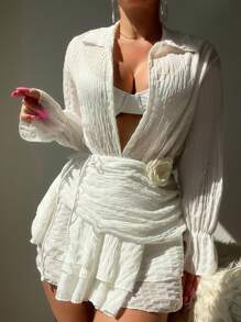 SHEIN Swim Women's Fashionable Solid Color Long Sleeve Cover Up,Summer Beach