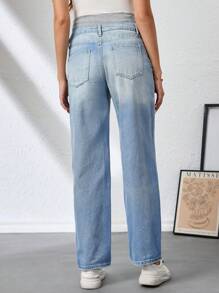 SHEIN Maternity Wideband Waist Ripped Frayed Straight Leg Jeans - Light Wash - View 2